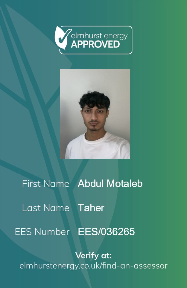 Elmhurst Energy accreditation ID card for Abdul Motaleb Taher, EES/036265